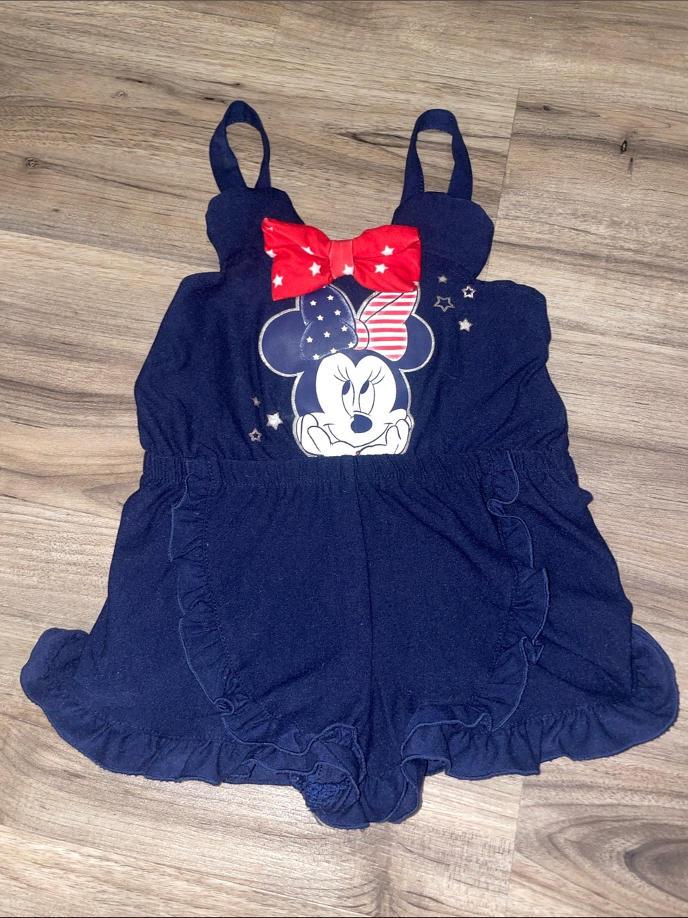 Disney Girls Navy Red, White, & Blue Minnie Mouse One-Piece Romper with Red Bow
